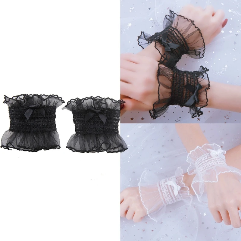 652F Japanese Sweet Shirred Elastic Wrist Cuffs Solid Color Ruffled Lace Bowknot Bracelet Wristband Anime Hand Sleeves