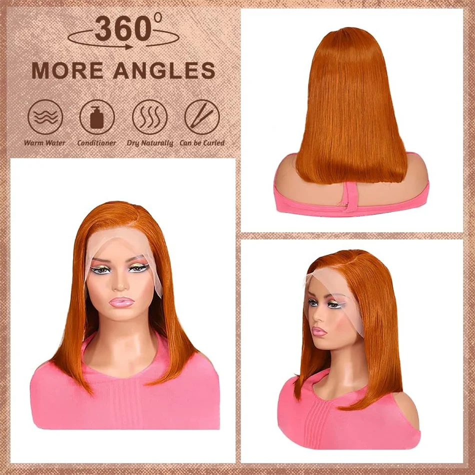 13x4レースフロントショートボブウィッグ350ジンジャーオレンジカラーストレート透明レースフロントウィッグ人毛黒人女性用12インチ