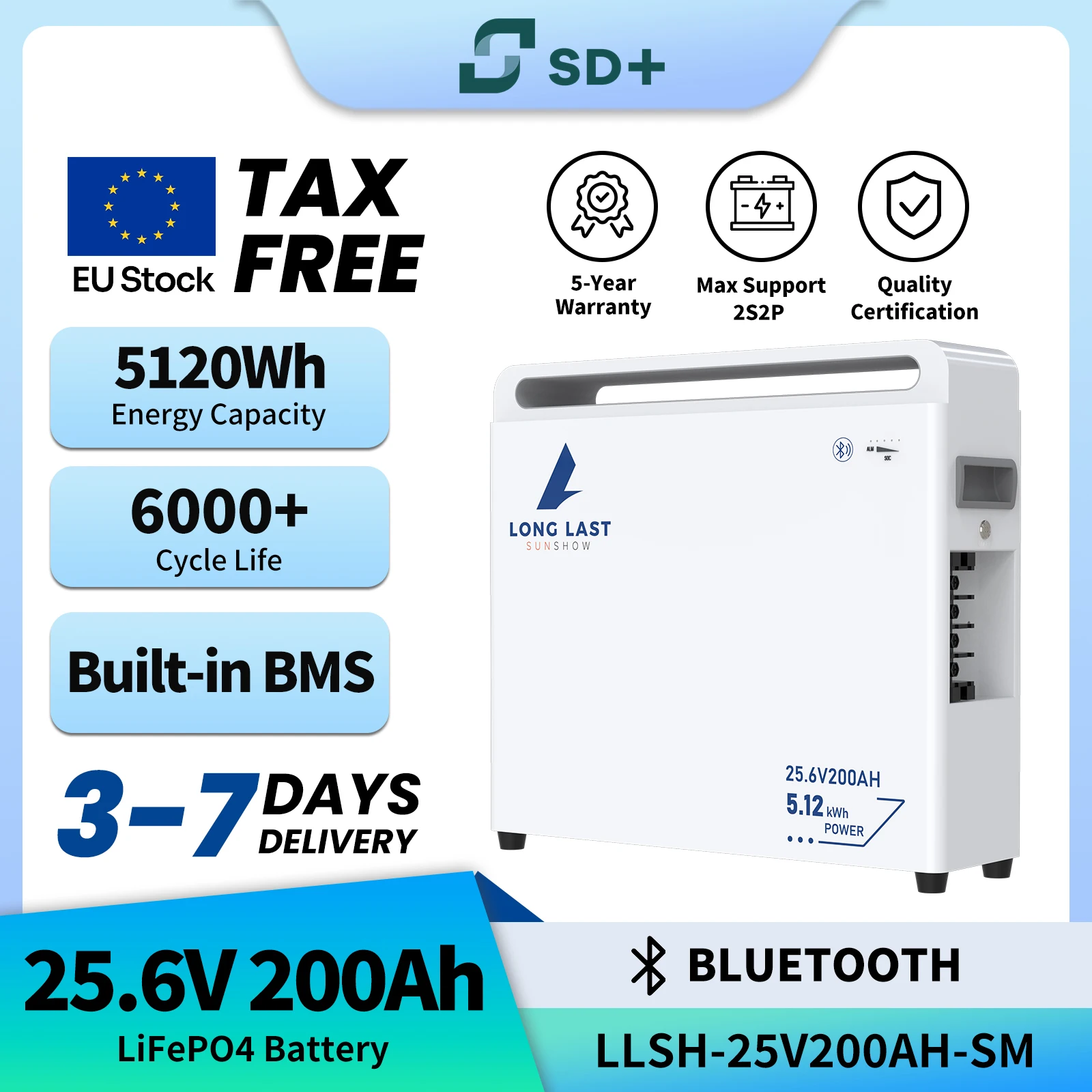 SANDISOLAR 5KWh LiFePO4 Batterie mit Smart BMS 200A, LiFePO4 Klasse-A-Zellen, 25V 200Ah Batterie, über 6000 Zyklen, Solar- und Wohnmobil-Anwendungen, steuerfrei, BT, verfügbar im EU-Lager.