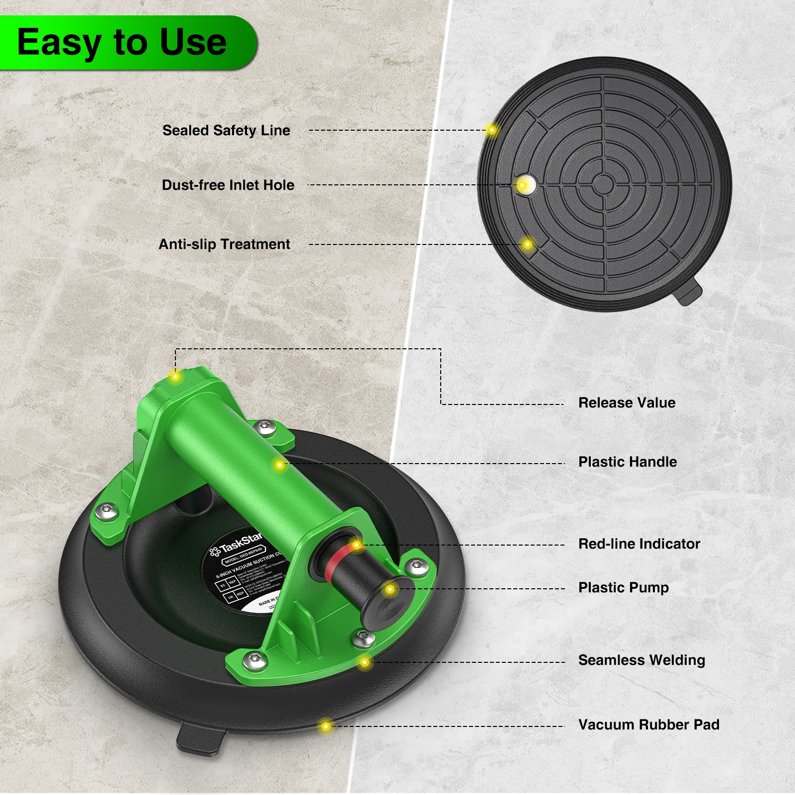 タスクスター 2個パック 8インチ ガラス吸盤 ヘビーデューティー ハンドヒーロー ガラスリフター 200kg 耐荷重 強力 工業用吸盤