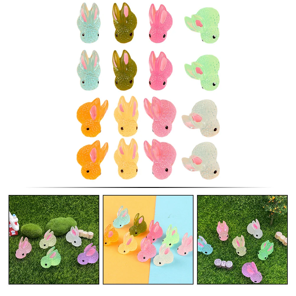 16 Pcs Glow-in-the- Animal Small Craft Desktop Tiny Statues Household Micro Landscape Tabletop Miniature Resin Bunny