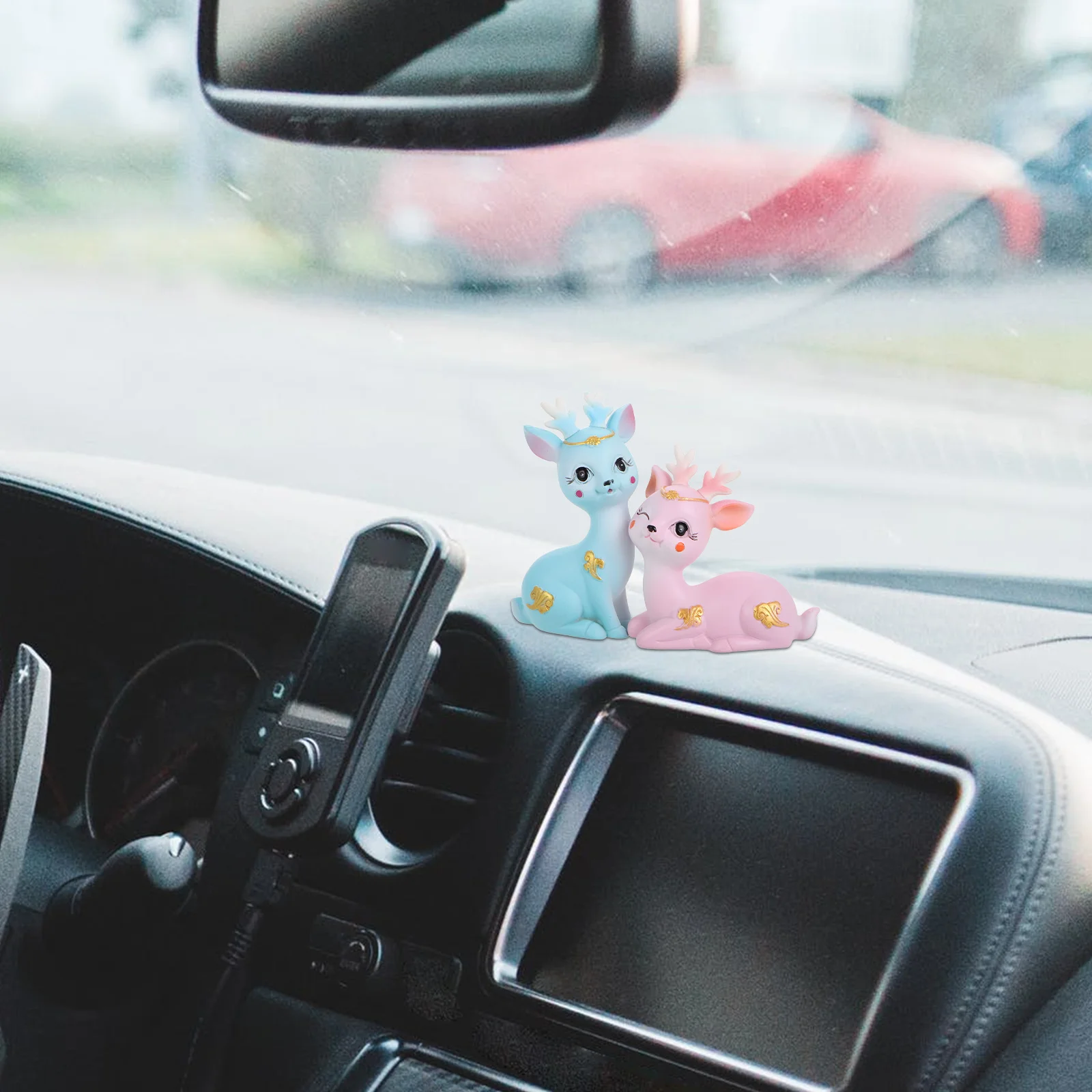 

1 Pair Small Deer Figurines Resin Animal Car Dashboard Ornament Home Desktop Decor Valentine Gift Pink Figure