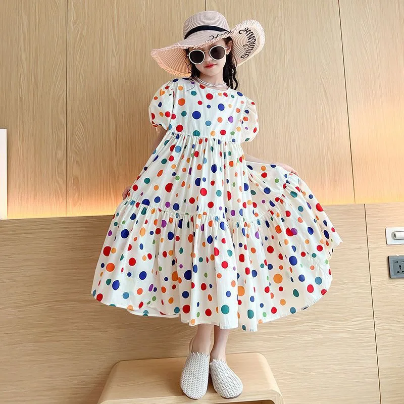 

New Girls Polka Dot Dress Summer Girls Bubble Sleeve Long Dress 2025 Children's Korean Version Sweet Princess Dress