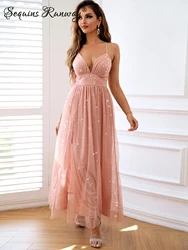 Sexy backless pink mesh summer dress women 2024 elegant maxi birthday party dress prom bridesmaid evening long dresses vestidos