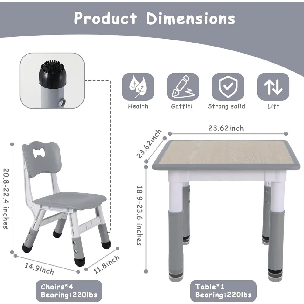 Kids Study Table and Chair Set, Height Adjustable Children Desk and 4 Chairs Set, Toddler Multi-Activity Table Set for Reading