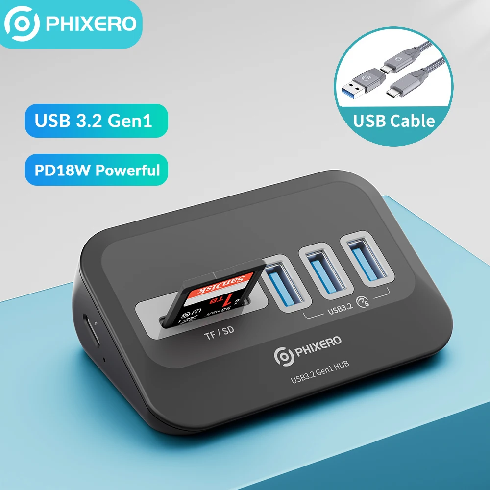 محطة إرساء PHIXERO USB 3.2 HUB Type C USB 3.0 محول متعدد الوظائف محطة إرساء متعددة المنافذ مع بطاقة SD لأجهزة الكمبيوتر المحمول