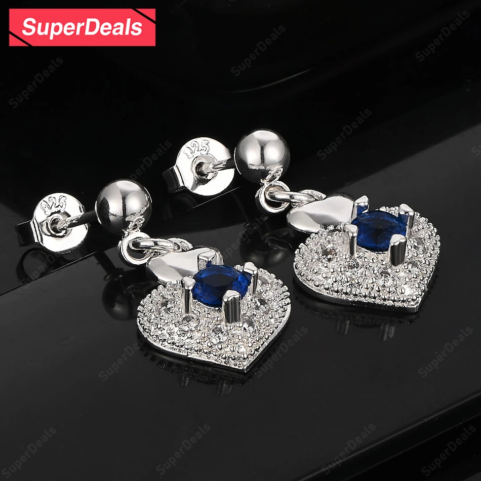 

SuperDeals Blue Zircon 925 Sterling Silver Heart Stud Earring Fashion Fine Jewelry Lady Charm Wedding Party Valentine's Day Gift