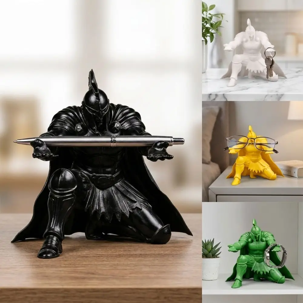 Funny 3D Printed Warrior Pen Holder Vintage Plastic Kneeling Knight Pen Rack Waterproof Desktop Stationery Storage Home Office