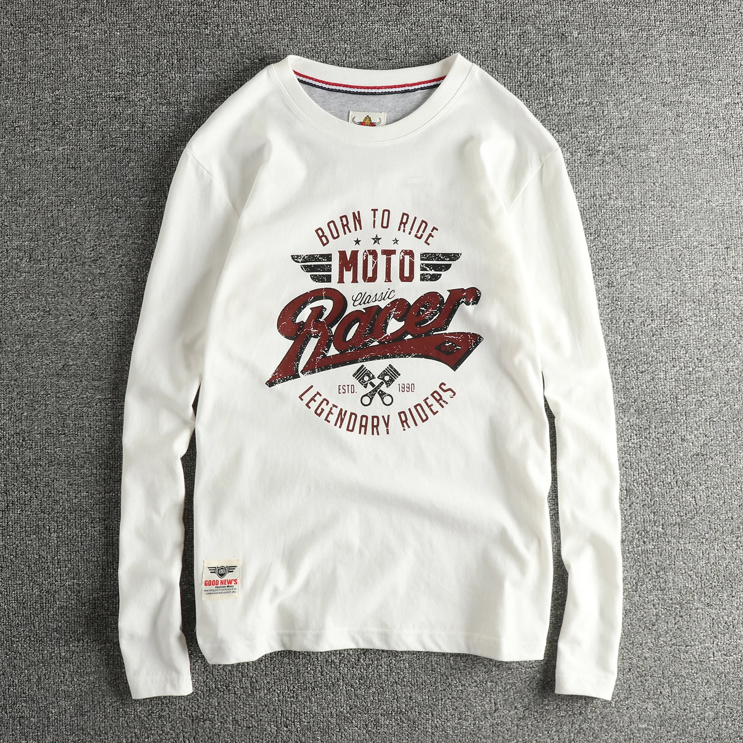 100% cotton long-sleeved letter pattern American retro T-shirt men's furry comfortable soft round neck top