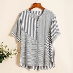 Casual Commute Female Striped Spliced V-Neck T-shirt Summer Women's Clothing Fashion Button Loose Short Sleeve Asymmetrical Tops