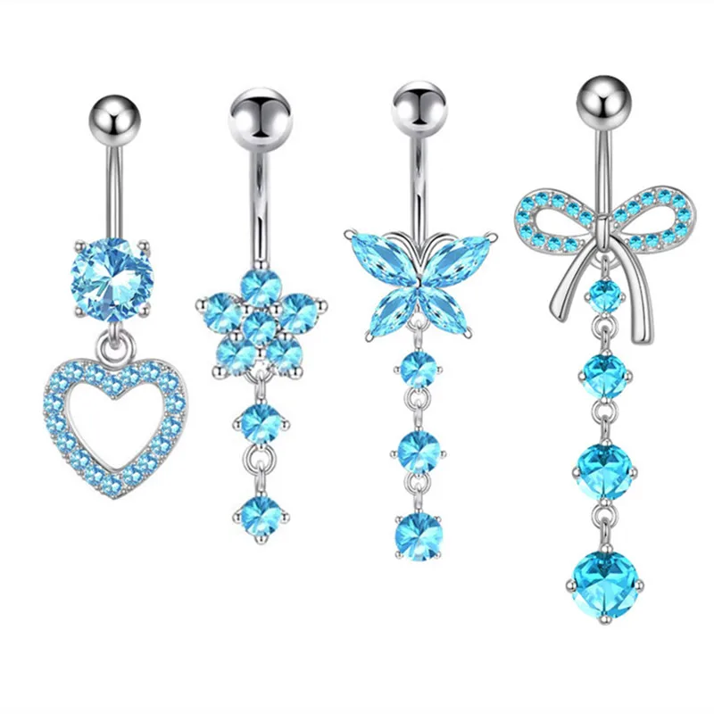 Pink Flower Belly Button Rings Set Women Blue Crystal Belly Piercing Bulk Heart Navel Barbell Jewelry Pack Piercing Ombligo Lote