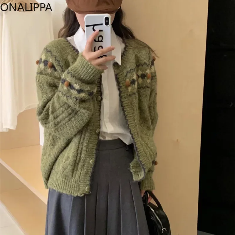 Onalippa Contrast Vintage Pattern Knitted Cardigan Slouchy Style Embroidery Casual Cardigans Korean Single Breasted Sweaters