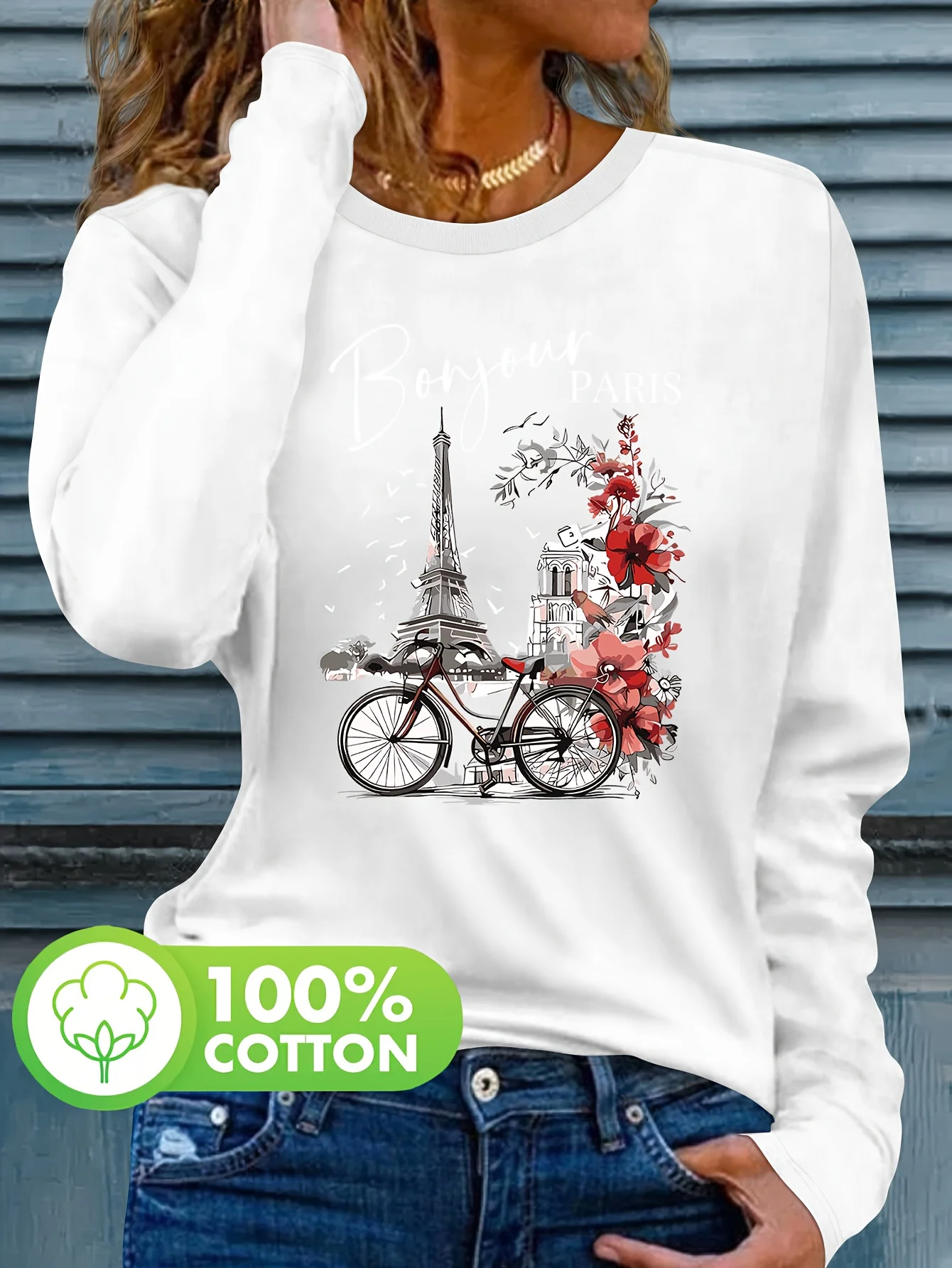 Women's Paris Graphic Print Long Sleeve T-Shirt 100% Cotton Eiffel Tower & Bicycles Design Casual Round Neck Top for Fall Winter
