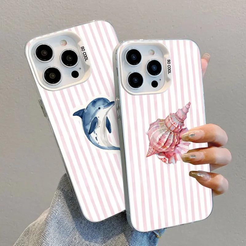 Colorful Marine Organism Striped Base Color Laser Phone Case For iPhone 17 16 15 14 Pro Max Plus 13 12 11 Pro Max Back Covers