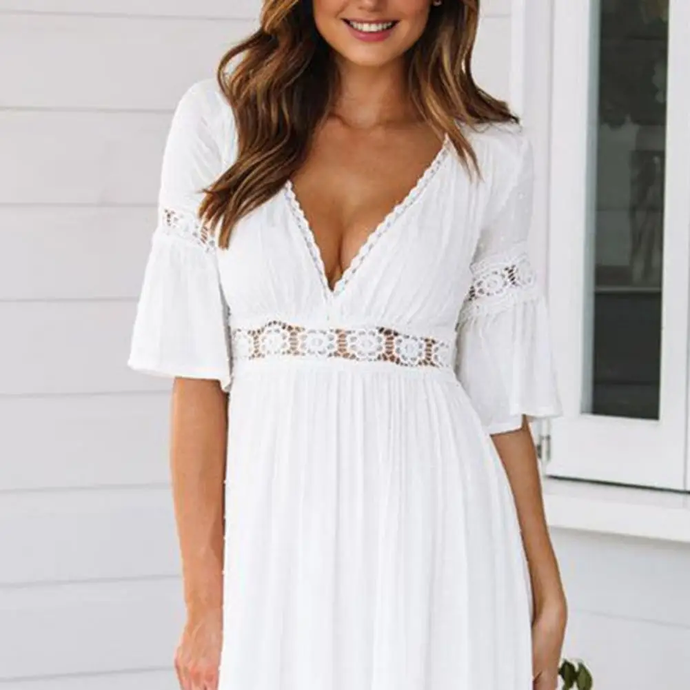 Abito fluido estivo Boho con scollo a V per donna Abito floreale con volant in pizzo A Line Abito casual con maniche a campana per le vacanze al mare