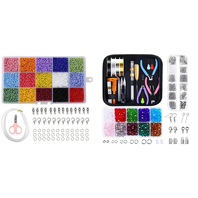 

2 Set Glass Rice Bead Set DIY Manual Pliers Bracelet Necklace Making Materials Oxford Cloth Bag, A & B