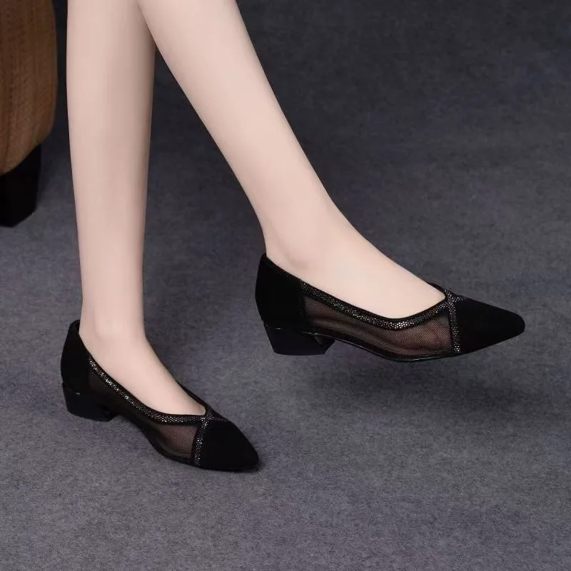 2025 شبكة سوداء جديدة مدببة موضة أحذية نسائية بكعب منخفض أحذية Lefu أحذية نسائية كاجوال #3