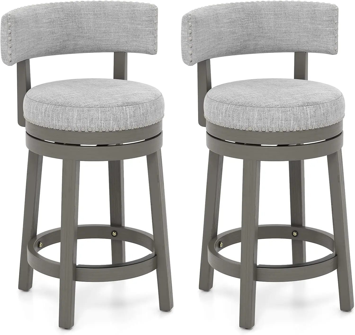 

Bar Stool Set of 2, 27-inch 360° Swivel Barstool with Upholstered Back & Seat, Solid Rubber Wood Legs & Footrest