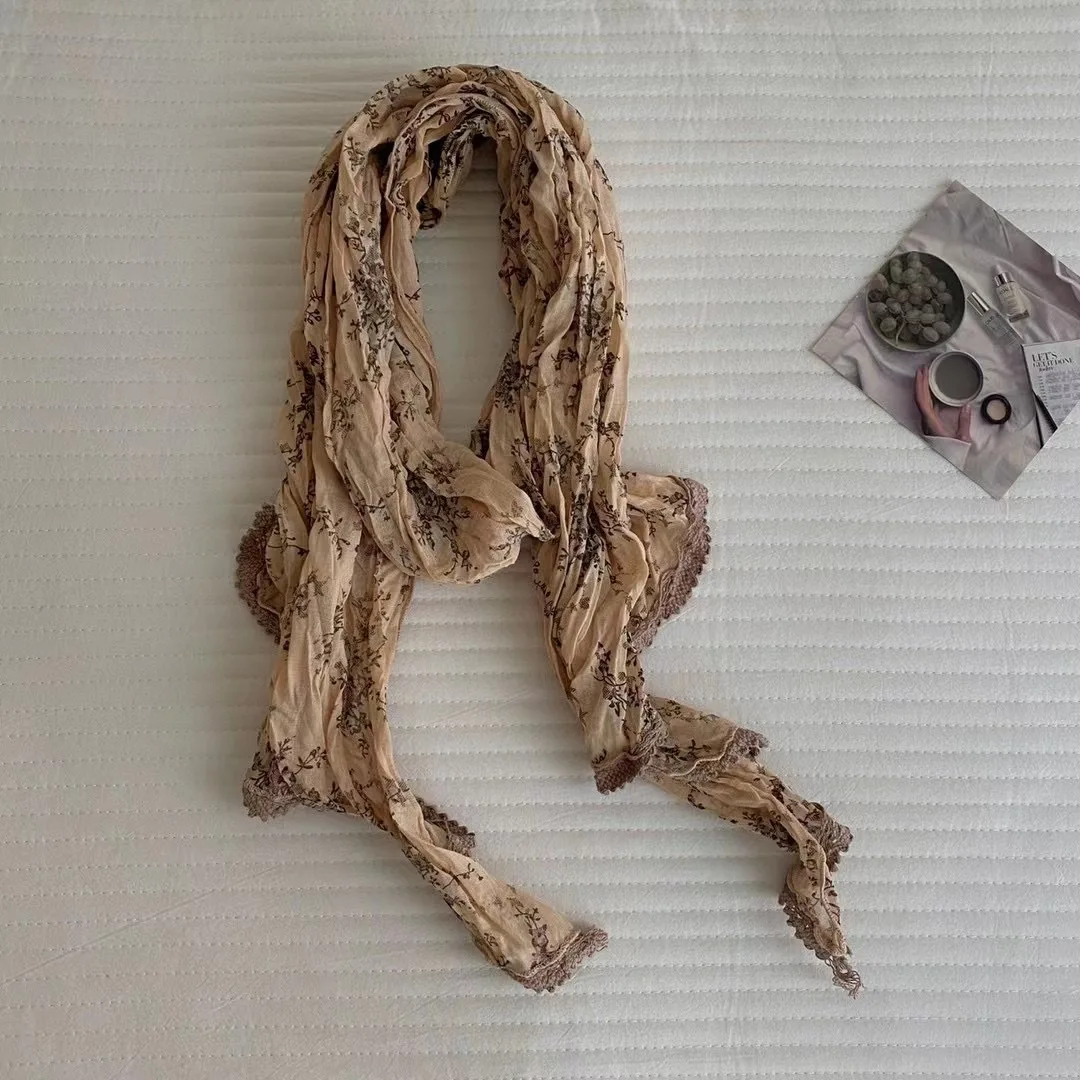 

Женские шарфы, японский ретро-художественный льняной пасторальный стиль, высококачественный универсальный шелковый шарф с цветочным принтом, модный кружевной хлопок