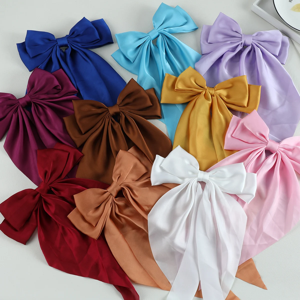 10PCS Elegant Bow Ribbon Hair Clip Women Fashion Simple Solid Satin Spring Clip Headband with Clips Girls Hair Accessories Gift