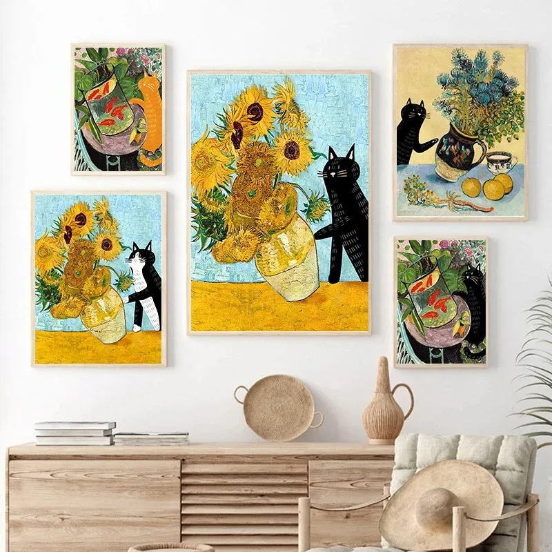 Funny Black Cat Knocking Van Gogh Sunflower Posters Canvas Painting Vintage Nordic Wall Art For Living Room Home Decoration