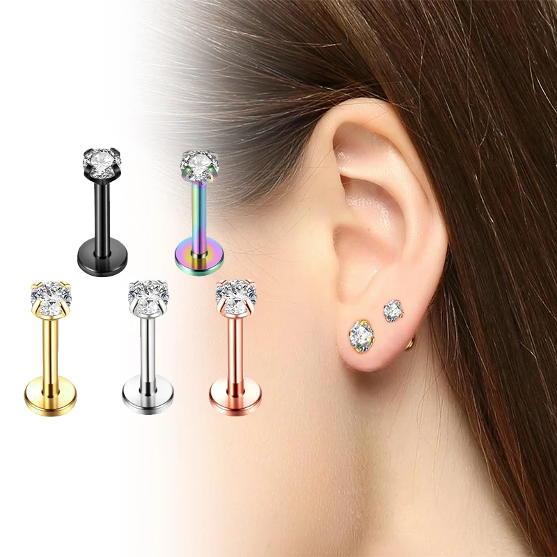 Pendientes de titanio de 16G con rosca interna y circonita cúbica plana para labret, tragus, cartílago, labio, concha, joyería para piercing corporal