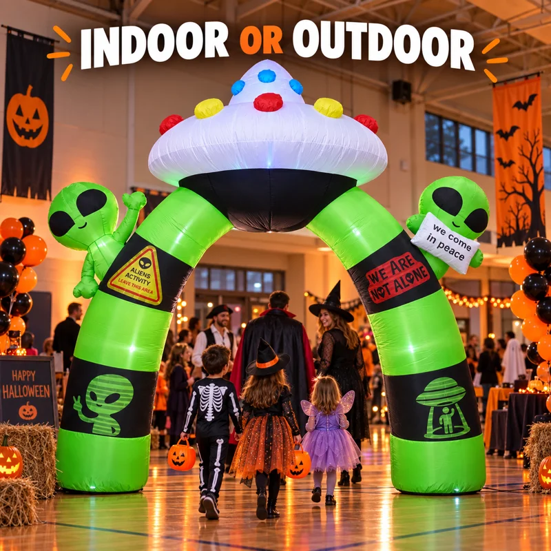 Giant 10.5FT Halloween Inflatable Alien Arch Decoration Blow Up Alien Spaceship Archway with Built-in LED Lights Outdoor Inflatable Toys for Kids Yard Garden Lawn Porch Party Decor Supplies USA Stock Warehouse Airblown Cute Prop Trick or Treat Spooky Fun