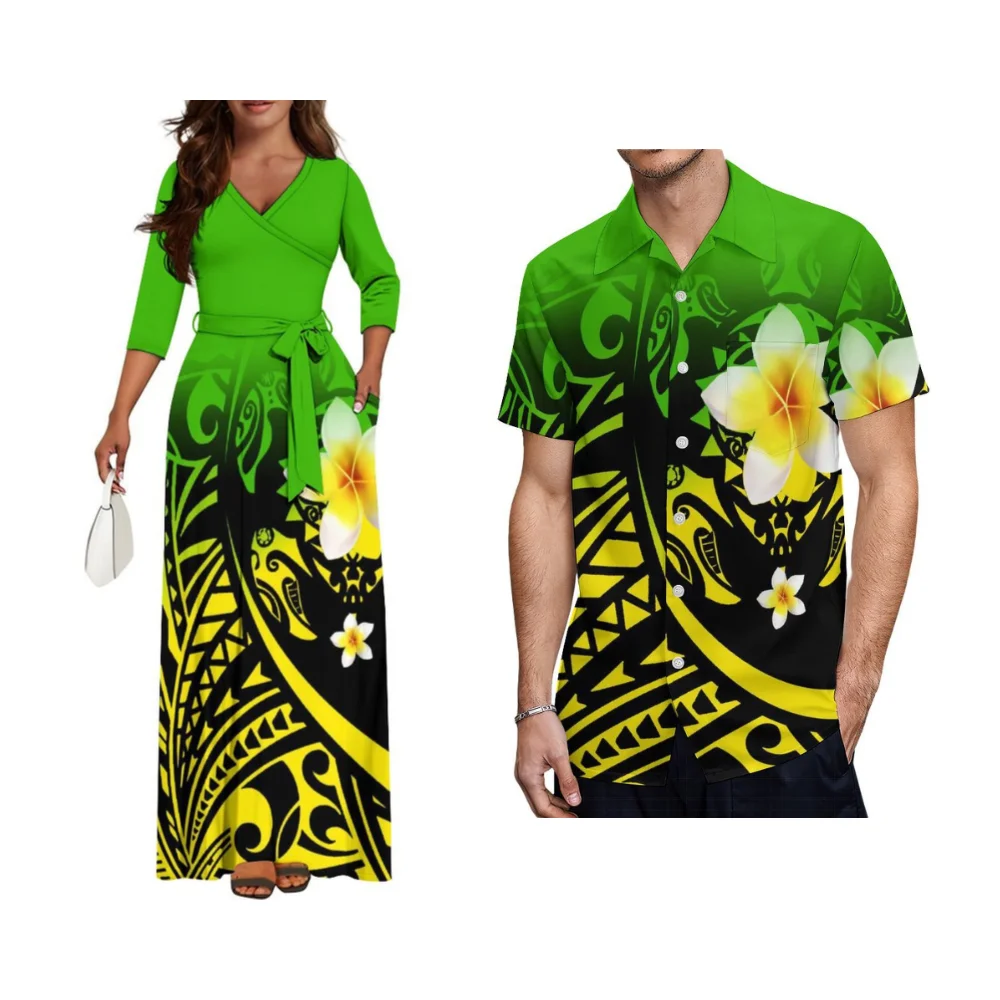 Aanpasbare Polynesische Paar Set Vrouwen Slanke Jurk Mannen Shirt Samoa Hawaii Print Tropische Datum Nacht