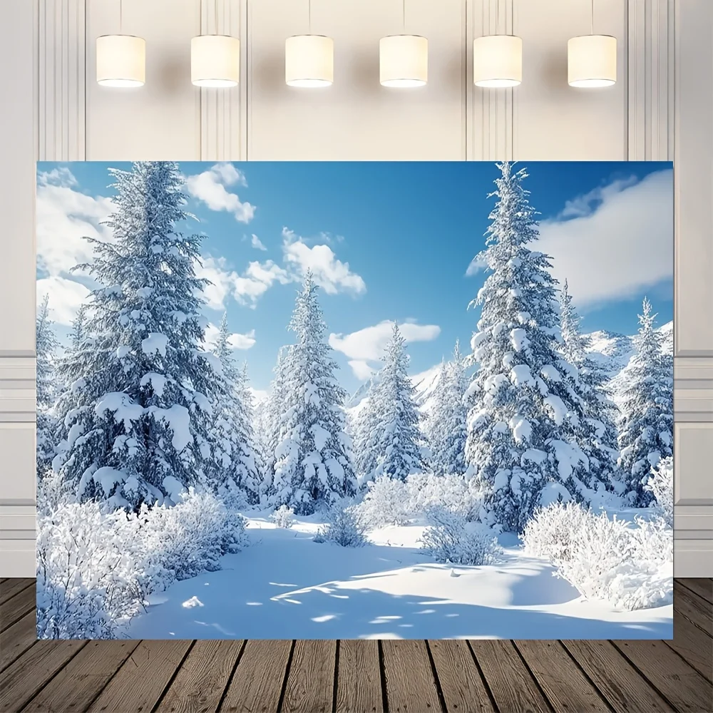 High Definition Winter Forest Tapestry Polyester Wall Hanging Snowy Landscape Blue Sky Evergreen Nature Decor Art Print for