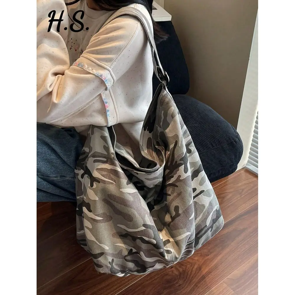 

Large Capacity Grey Camouflage Washed Vintage Canvas Bag, Simple Casual Versatile Zipper Closure Shoulder Bag Suitable For Dail