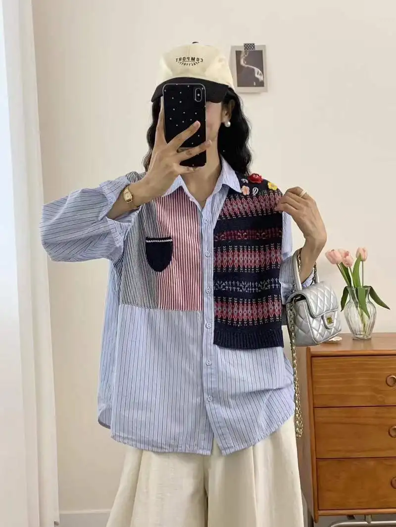 Neues 2026 Frühlings-Baumwoll-Langarmshirt, Damen-Revers-Strickwolle-Patchwork, Mori Girl Perppy Style INS Lose Bluse T5D618CC