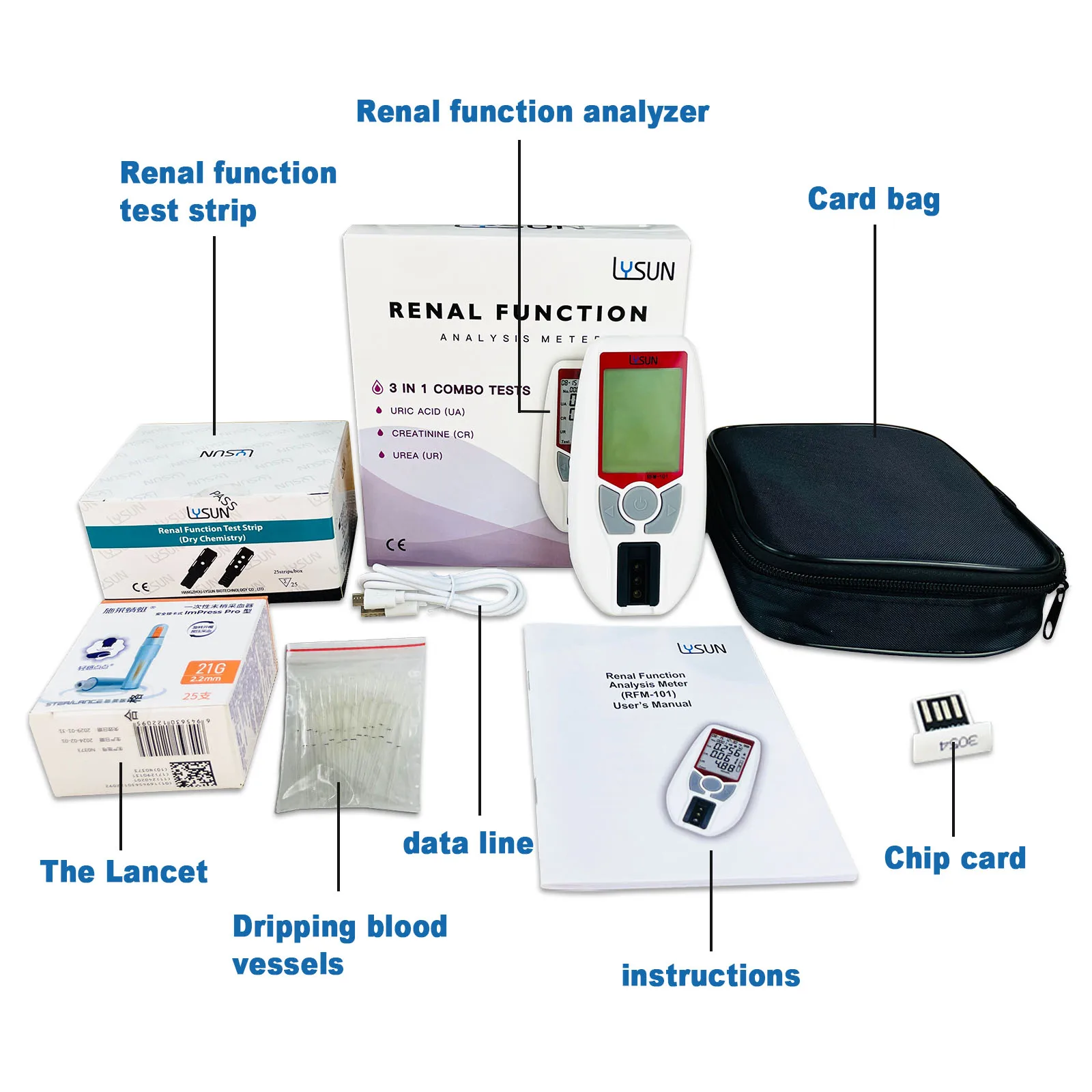 Lysun Analizzatore Reni Portatile 3 in 1 Creatinina Acido Urico (UA)/Creatinina (CR)/Urea (UR Analizzatore di Sangue Clinici Domestici