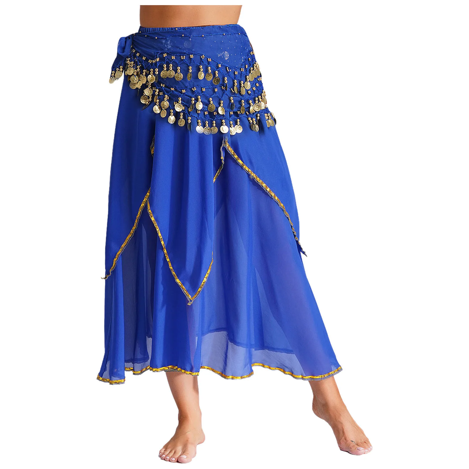 여성용 인디언 밸리 댄스 코스튬 골드 트림, 레이어드 오버레이 시폰 스커트, 스팽글 태슬, 레이스업 힙 스카프, 할로윈 파티