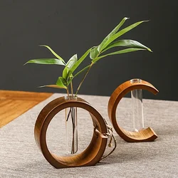 Handmade Bamboo Vase with Wooden Frame Retro Flowerpot for Bonsai Plant Home Decoration Tabletop Ornament