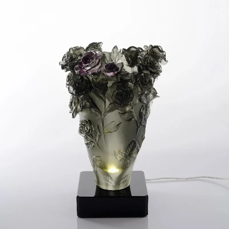 Beautiful colorful flower theme crystal vase art glass, carved office or living room decoration, glazed color unique design