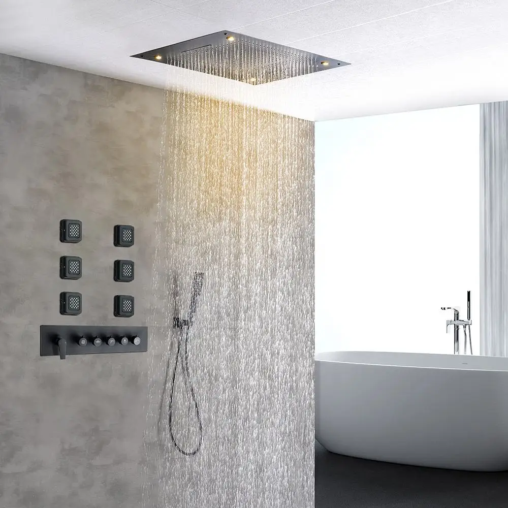 Black 800x600mm Embedded Concealed Ceiling Shower Head Wall Spray Mist Function Waterfall Function and Thermostatic Switch led