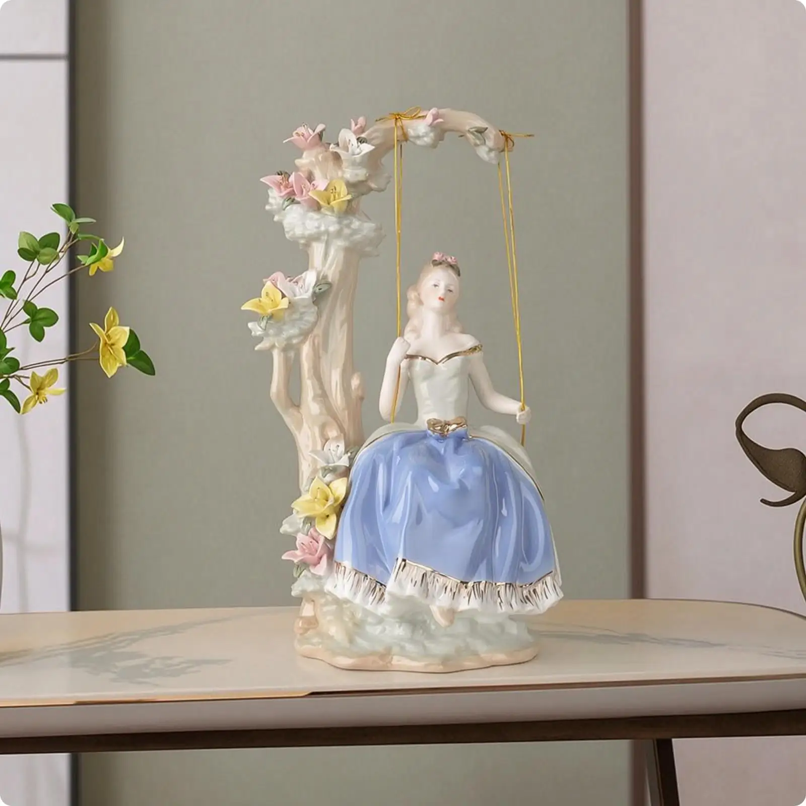 Girl on Swing Figurine Handmade Sculpture Glossy for Display Shelf, Entryway