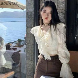 Crop Tops Blouses Women Sweet Ruffles Design Girlish Casual Flare Sleeve Aesthetic Chic Korean Style Holiday Soft Blusas Mujer