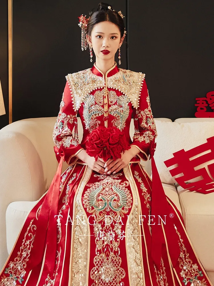 Embroidery Dragon Phoenix Bride Costume Toast Clothing Elegant Wedding Dress Vintage Traditional Chinese Women Marriage Set