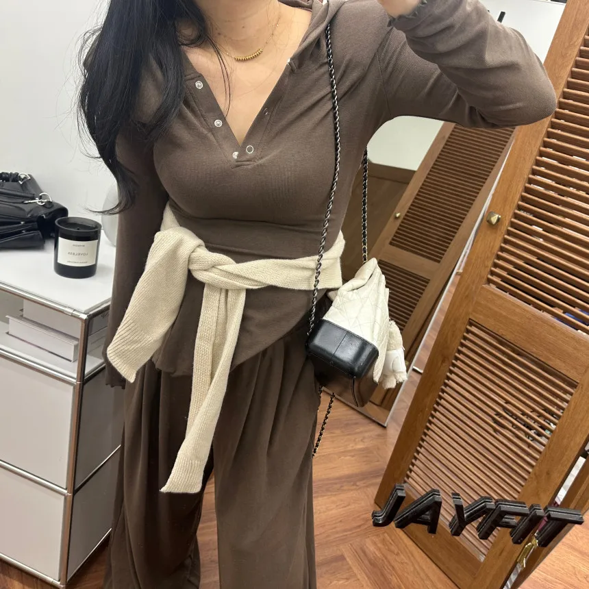 T-shirt amincissant à capuche et volants, couleur Pure, haut polyvalent, pantalon Long décontracté, ensemble deux pièces pour femmes, automne Faion