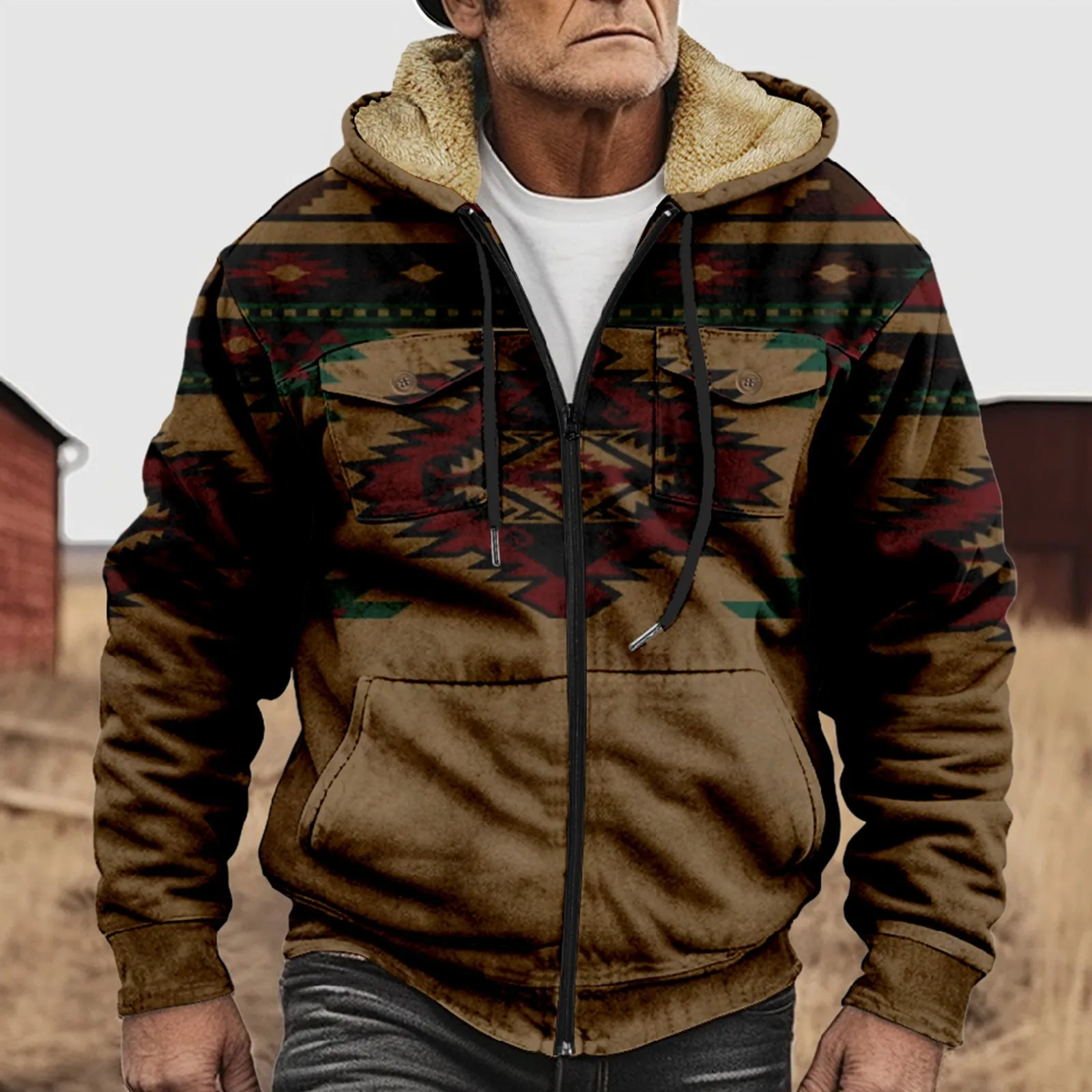 Chaquetas cálidas de forro polar grueso para hombre, abrigos abotonados con cuello vuelto y estampado de patrón Vintage, ropa de abrigo para