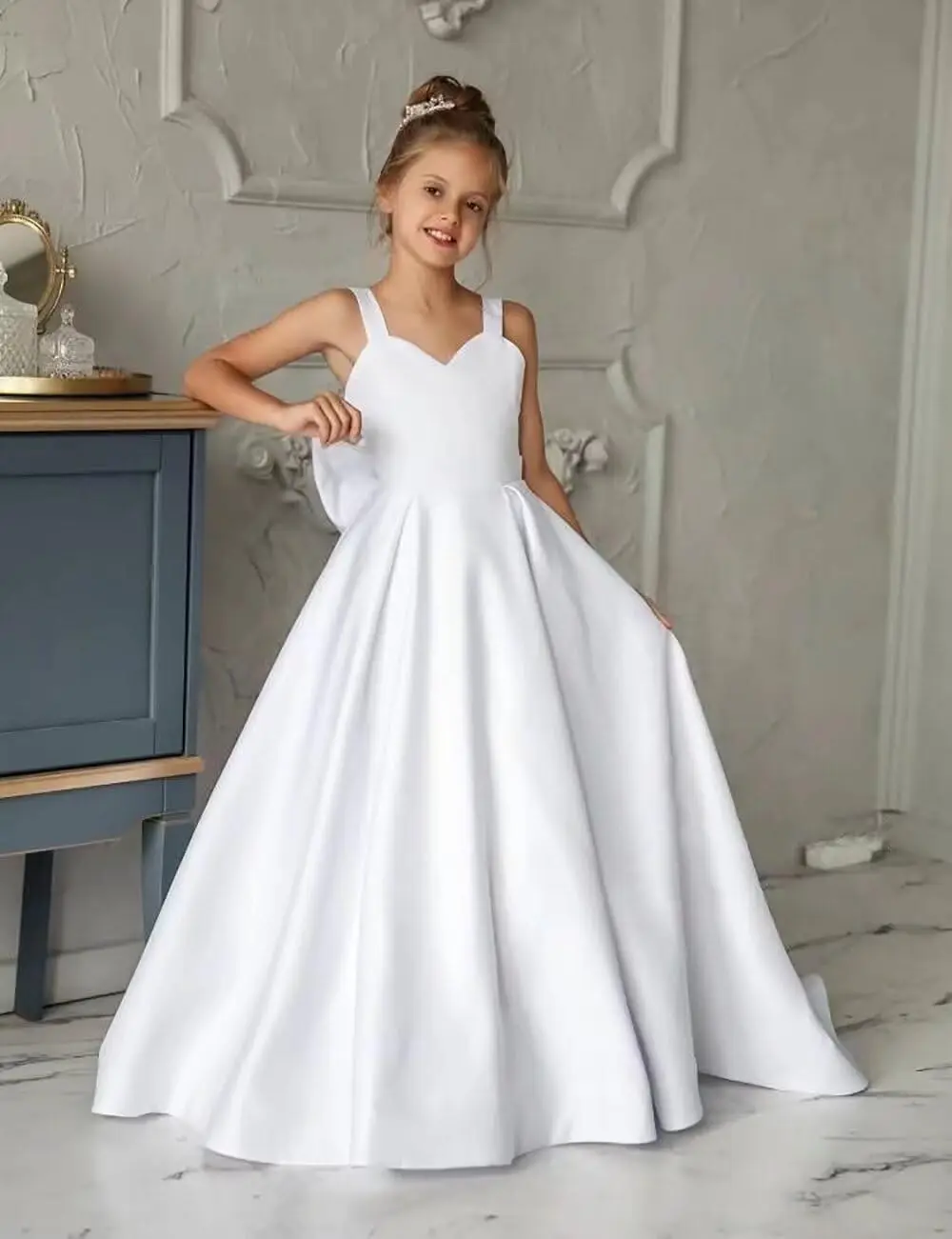 فساتين الفتيات زهرة لحفلات الزفاف الساتان الأميرة فستان المسابقة للأطفال حفلة موسيقية الكرة أثواب مع فستان الفتيات عقدة القوس