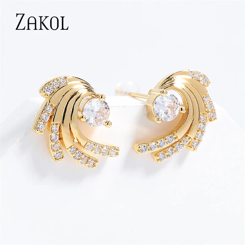 RAKOL Personality Vortex Shape Zirconia Stud Earrings for Women Geometric Fashion C Shaped Earring  Party Daily Jewelry