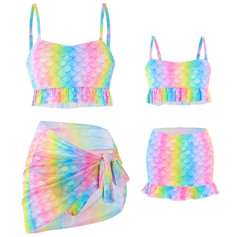 2024 Rainbow Mother Daughter Matching Swimsuits Family Set Mermaid Mommy and Me Swimwear 3pcs Women Girls Bikini Dresses Clothes