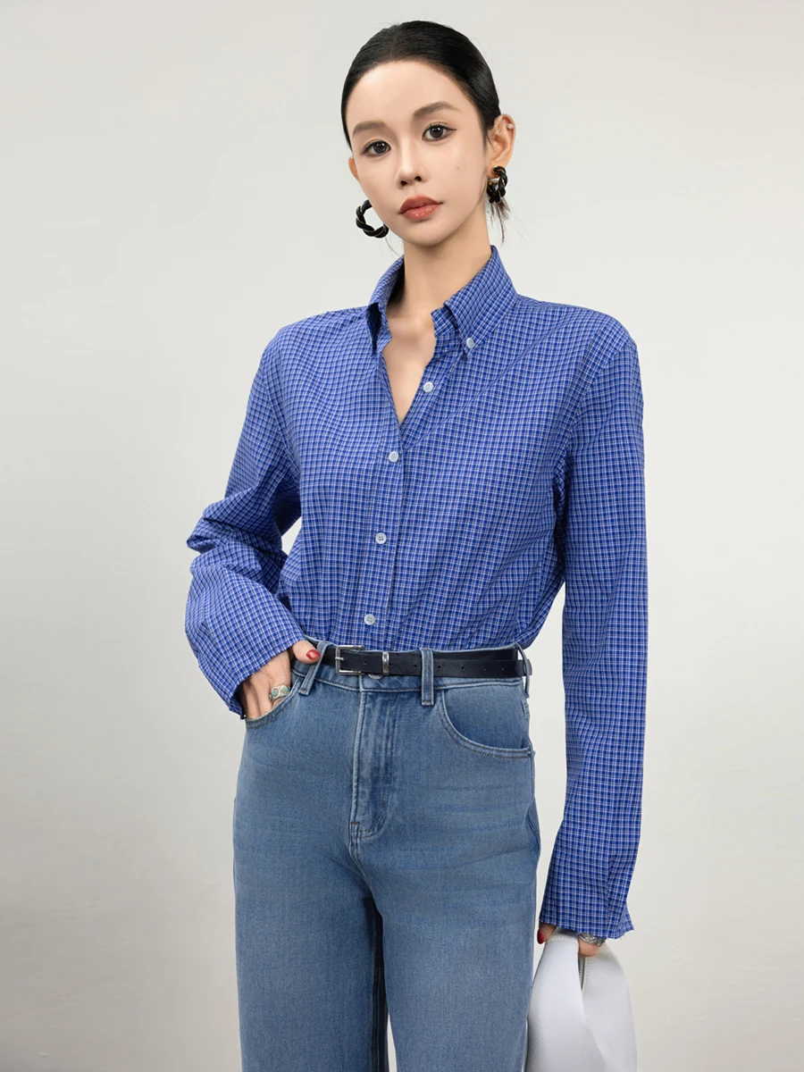 

Miss Snail British Retro Pure Cotton Blue Plaid Loose Long Sleeve Women's Shirt Comfortable Breathable Artistic Style Top