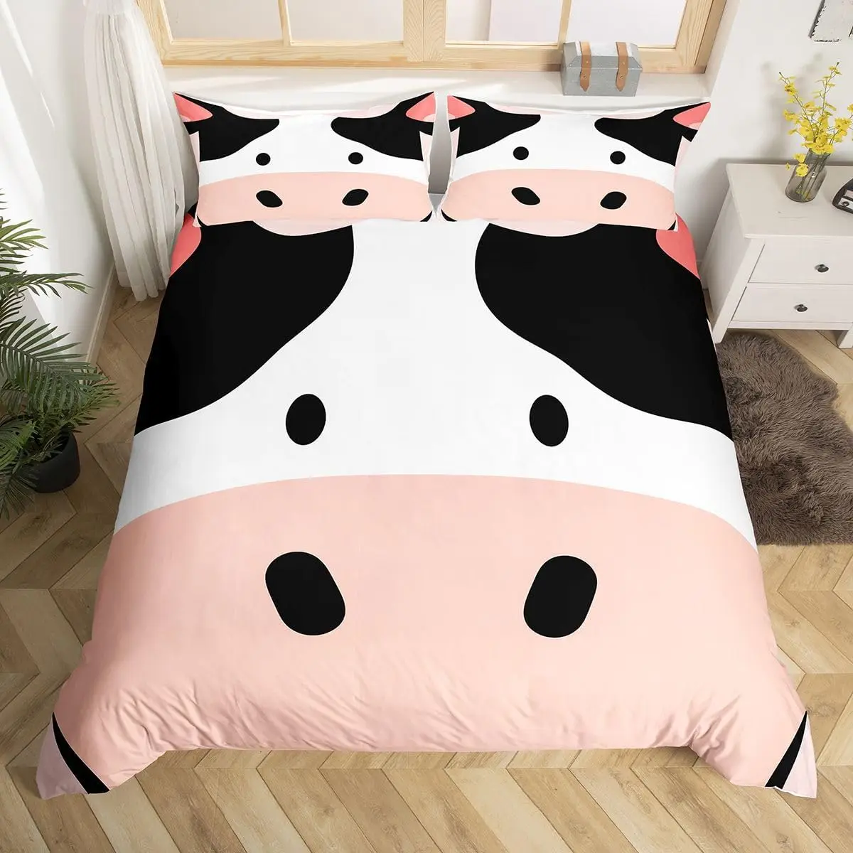 Cute Cartoon Milk Cow Duvet Cover King Twin Kawaii Farm Animal Bedding Set for Boys Girls Milk Cow Skin Fur Pattern Quilt Cover
