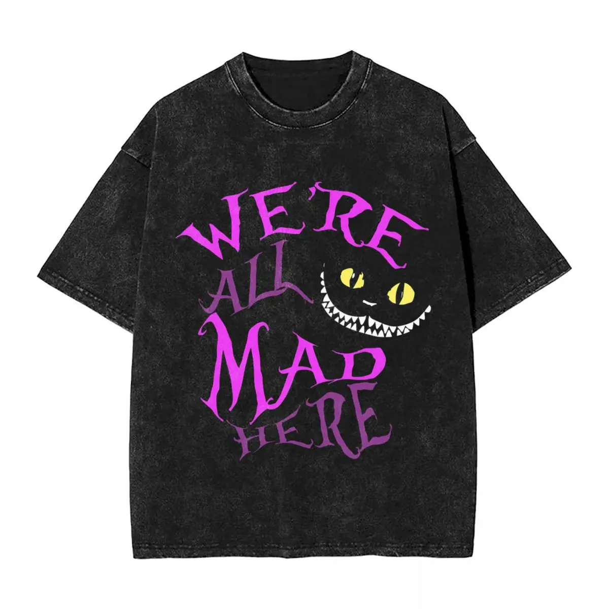 Harajuku 100 % Baumwolle, übergroßes T-Shirt, kurzärmelige T-Shirts für Herren, Alice im Wunderland Cheshire Cat Sommer-T-Shirt mit lockerem, gewaschenem Oberteil