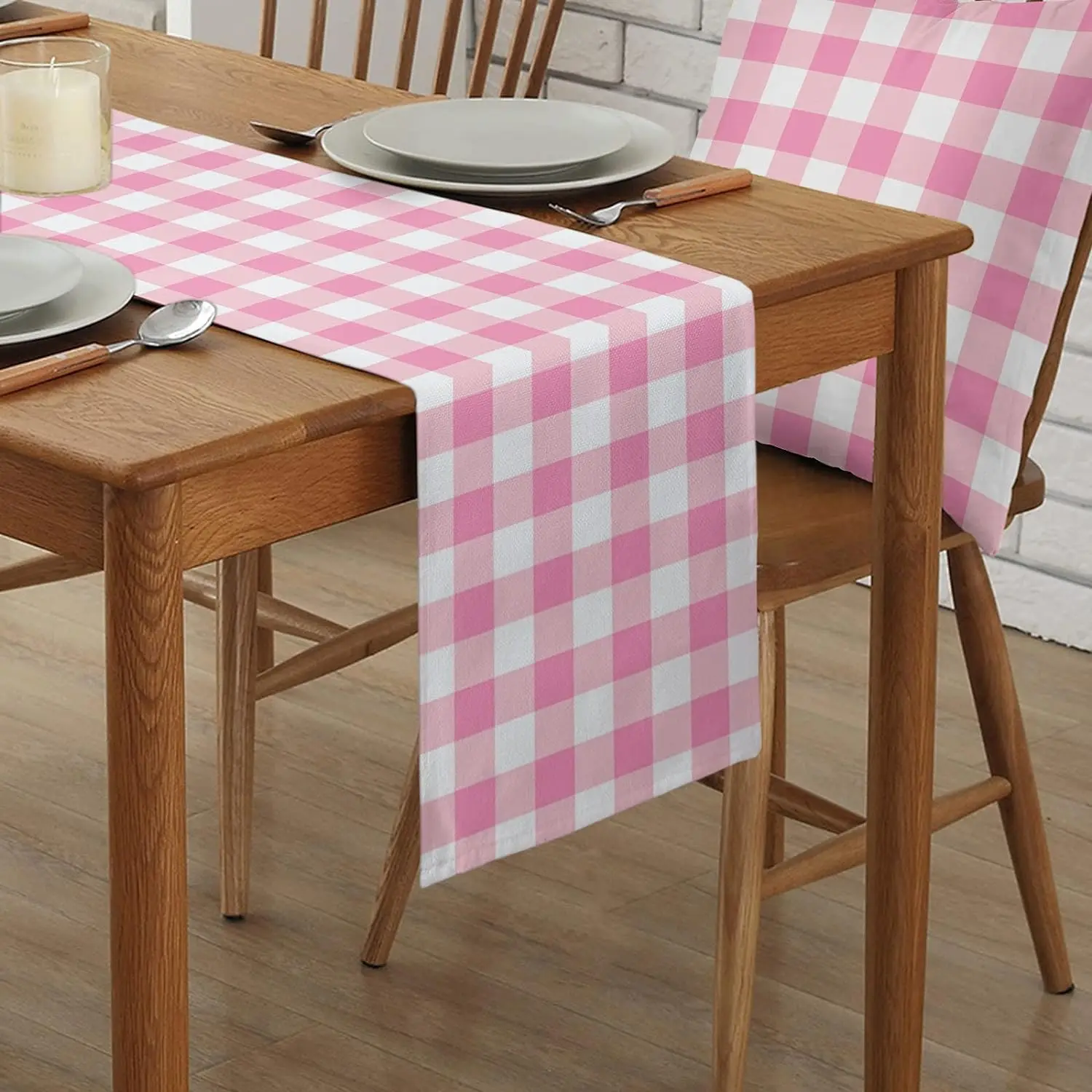 Pink Buffalo Plaid Linen Table Runners Dresser Scarves Decor Reusable Kitchen Dining Table Runners Holiday Wedding Decorations