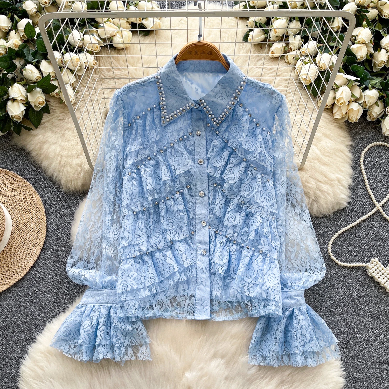 Beading diamante camisa feminina primavera outono novo estilo francês luz luxo manga borboleta casacos rendas temperamento vermelho topos