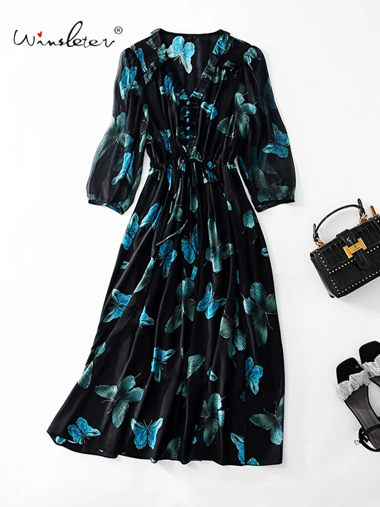 

Winsleter-Women's 100%Real Silk Elegant Dress, Half Sleeve V Neck Butterfly Print, French Party Dresses, 2025 Summer D57842CC